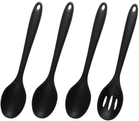 Cucchiaio Nero a Manico Lungo, 4 Pezzi Cucchiaio Silicone Cucina, Cucchiaio di Miscelazione in Silicone, Cucchiaio da Cucina 27,5 x 5,5 cm, Ottimo per Cucinare e Mescolare in Cucina