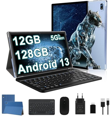fezawio Tablet 10 Pulgadas, Tableta Android 13, Octa-Core 2.0 GHz, 12GB RAM + 128GB ROM (TF 1tb), 5G + 2.4G WiFi, Bluetooth 5.0, 5MP + 8MP, 8000mAh, Face ID, Tableta Teclado y Rayo-Azul