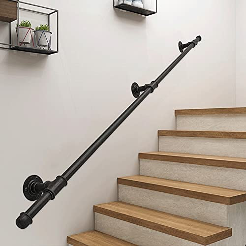 il - Kit de soporte de barandilla de escalera para interiores y exteriores, barandilla de seguridad para escaleras, tubo de hierro forjado con barra de agarre de acero galvanizado negro mate para
