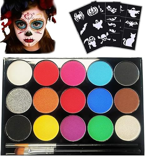 Face Paint Kit，15 Colours Face and Body Painting Palette, Washable Face Paints, Safe Body Paints for Adults, Children, Halloween Party Carnival, Makeup Paint Non-Toxic（2 Brushes 22 Stencils）