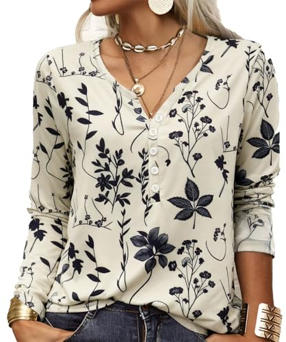 GRMLRPT T-Shirt col V Blouses à Manches Longues pour Femmes Imprimé Tunique Tops Lâche Chemisier T-Shirts pour Femmes Sweat-Shirt Tuniques Basiques Haut Automne(Style-D,M)