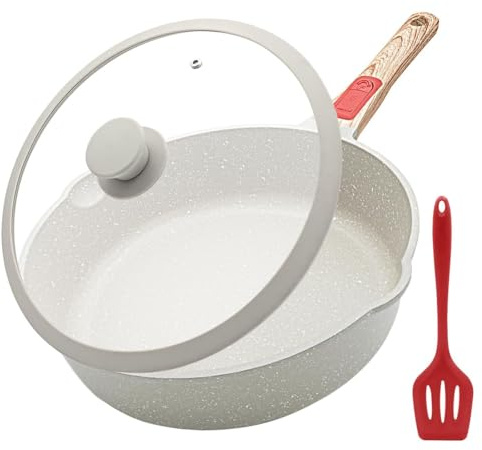 28cm Ceramic Nonstick Deep Frying Pan with Lid, Removable Handle-White | Aluminum Skillet, Deep Saute Pan for All Hobs, Oven Safe，PTFE & PFOA Free