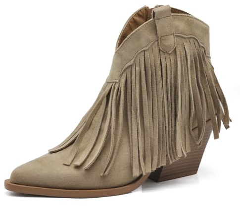 IF Stivaletti Donna con Frange Stile Western Texani – Tronchetti Casual con Tacco Medio,Camperos in Camoscio Sintetico GA059 beige N.38