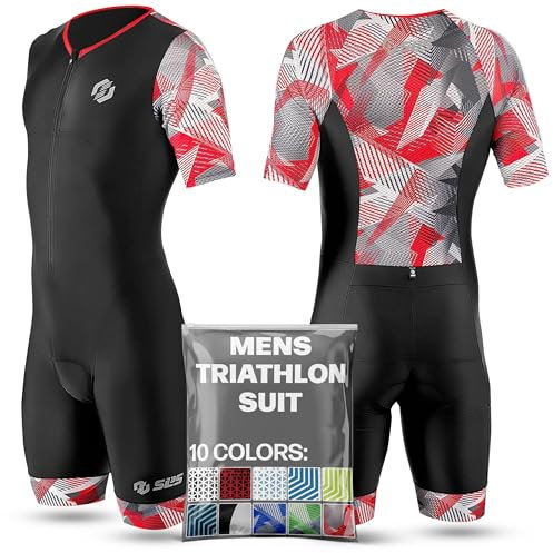 SLS3 Triathlon Anzug Herren - Trisuit Einteiler – Triathlonanzug - Triathlon Einteiler - Aerodynamischer Kurzarm Trisuit, (Black/Red Geo, L)
