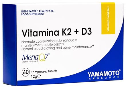 YAMAMOTO RESEARCH, Vitamina K2 e D3 MenaQ7 60 Compresse, Integratore Alimentare con Vitamine ad Alto Dosaggio, Stimolano l'Assorbimento di Calcio e Fosforo, Vegano, Senza Glutine e Senza Lattosio