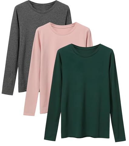 LiKing Maglietta a Maniche Lunghe Donna T-Shirt Girocollo Cotone T Shirt Donna Manica Lunga Classica Donna con Scollo Tondo 3er Pack Verde Scuro Rosa Grigio X-Large GPGE