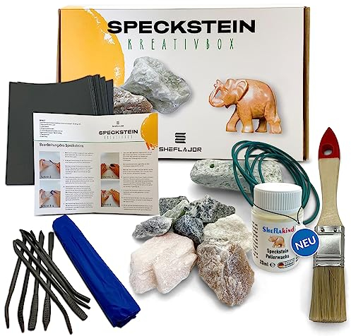 Sheflajor Speckstein-Set inkl. Polierwachs [Made in Germany] / Kreatives Bastelset für Kinder ab 7 Jahren, Mädchen, Jungen & Erwachsene/Fördert Konzentration & Stressabbau