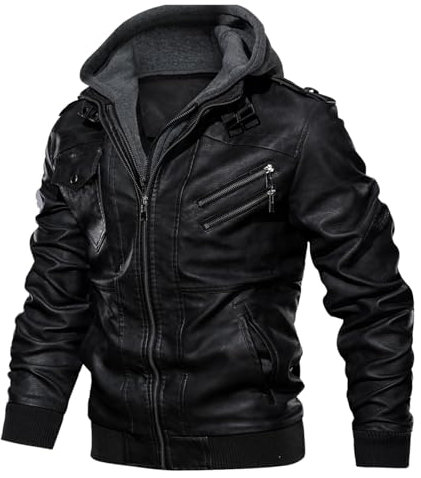 Uusollecy Lederjacke Herren, Kunstlederjacke Mit Abnehmbare Kapuze Schwarz M