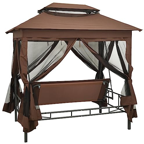 Homgoday Trädgårdsgunga med sängfunktion och tak, hollywoodgunga, hängande gunga, trädgårdsgungbräda, paviljong med gunga för trädgård och terrass, 220 × 160 × 240 cm, stål, kaffebrun