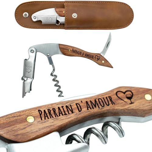 ERNESTINE - Tire-bouchon Parrain sommelier en acier inoxydable gravé, professionnel pour parrain et Noël - ouvre-capsule, couteau - Cadeau personnalisé pour homme- Ouvre-bouteille idée cadeau parrain