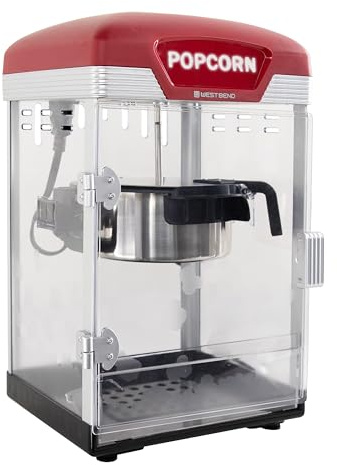 West Bend Stir Crazy Movie Theater Popcorn Popper, Popcorn Maker Machine with Nonstick Popcorn Kettle, Measuring Tool and Popcorn Scoop for Popcorn Machine, 4 Qt., Red
