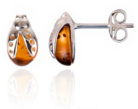 Amber Jewelry for Women - 925 Sterling Silver and Baltic Honey Amber Stud Ladybug Earrings, Small Silver Gemstone Studs - Sterling Silver Jewelry Collection