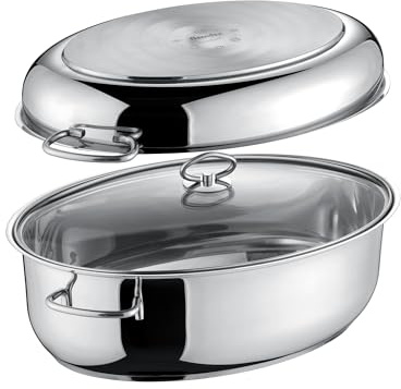 Cocotte ovale en acier inoxydable 3 en 1 avec couvercle en verre 38 x 25,5 cm, acier inoxydable poli