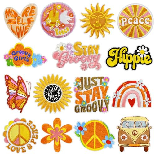 JMZLLRX 15 st vintage hippie strykjärn på lappar applikationer klistermärken orange broderade sy på lapp applikation för hattar kläder jackor ryggsäckar och gör-det-själv-dekorationer