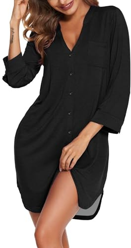 Ekouaer Chemise de Nuit Femme Robe Chemise Femme Manches Longues Boutonnée T-Shirt Doux avec Boutons Hiver, Noir XL