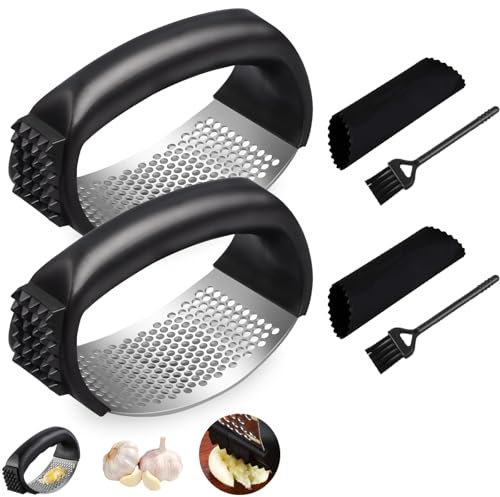 LEERMEIZI Spremi aglio, Spremiaglio in acciaio inox, Acciaio Inox Pressa di Aglio, Spremiaglio a bilanciere in acciaio inox, con Sbuccia Aglio, utensili da cucina (2 Pezzi)