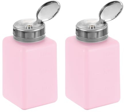 HARFINGTON 2pcs Solvent Alcohol Dispenser 180ml(6.1oz) Nail Polish Remover Push Down Liquid Dispenser Pump Bottle with Stainless Steel Press Head for Acetone Cleanser Polish Remover, Red