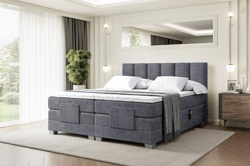 ALTDECOR Boxspringbett elektrisch verstellbar mit 2 Matratzen H4/Taschenfederung + Topper (4 cm hoch), Polsterbett mit Kopfteil, Bett, Doppelbett AMEL EL 180 x 200 Dunkelgrau Casablanca