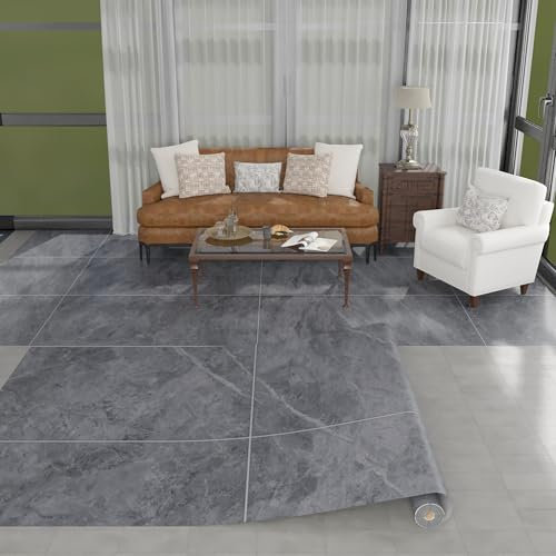 Vinylboden in Steinoptik – PVC Bodenbelag Rolle, Bodenfliesen mit Klebeband, Wiederverwendbar, Wasserfest, Ohne Kleber Fliesenoptik Bodenmatte für Wohnbereich, Kellergeschoss 100x500cm Grau