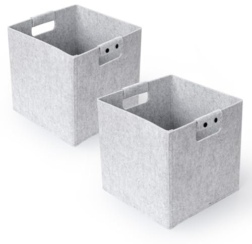 Cozary 2 Piezas Plegable Cesta de Fieltro, Cesta Leña Chimenea con Desmontable Asas de Transporte, Cesta de Fieltro para Compras, Viaje, Trabajo, Picnic, 27 x 27 x 27 cm, Gris Claro