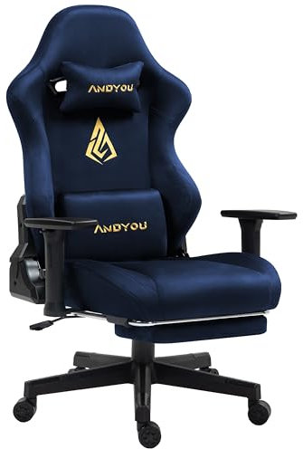 Andyou Gaming Stuhl Ergonomischer Gaming Chair mit Fußstütze, Atmungsaktiver Gaming Sessel PC Stuhl mit Verstellbare 3D Armlehnen, 150 kg Belastbarkeit Drehsessel, Darkblau