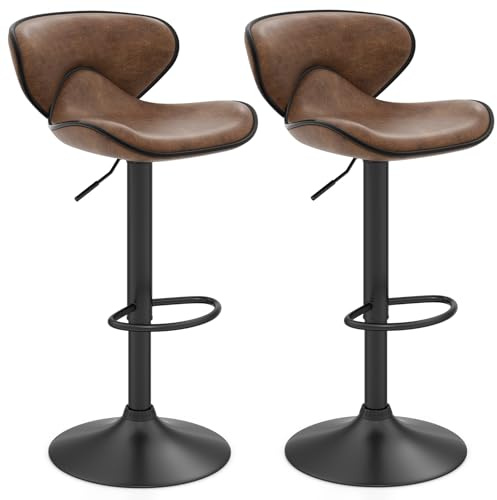 GIANTEX Set med 2 barstolar höjdjusterbar 65–85 cm, barstol 360° roterbar med fotstöd, diskpall, bistropall, snurrpall med ryggstöd, kökspall, sittpall, 150 kg, lastbar, vintage brun