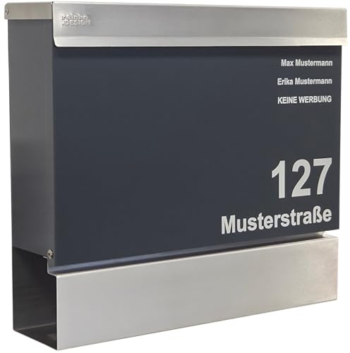 Personalisierter Briefkasten aus Edelstahl & Anthrazit RAL 7016, graviert, mit Zeitungsfach, Made in Germany, Design A, von reinkedesign, zum Einführungspreis