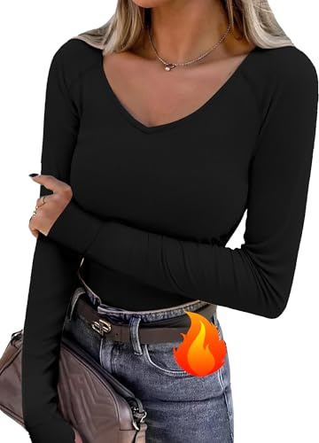 Wayleb Camiseta Térmica Mujer Manga Larga Ajustada y Elástica | Cuello en V, Tejido Térmico Elástico, Capa Interior, Movimiento Cómodo, Para Entrenamiento, Correr, Fitness y Uso Diario