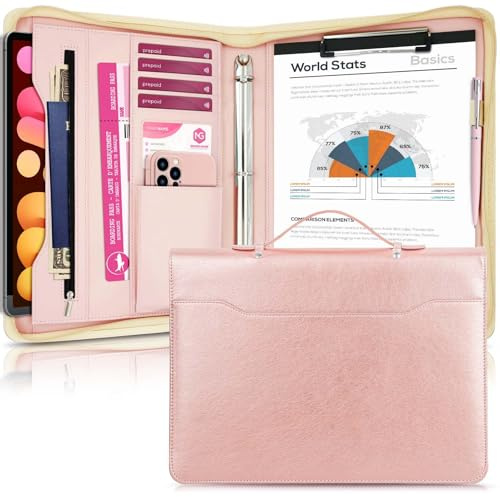 Faux Leather Portfolio Binder with Handle & Clipboard, Zippered Padfolio Folder Organizer 3 Ring Binder for Document, Business Card Holder, Professional Portfolio Notebook for Men & Women (Rose Gold)