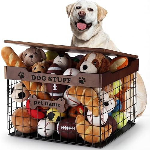 Briwooody Dog Toy Bin Basket with Lid, 15.4'' Large Metal Dog Toy Storage Box with Bone Handle, Organizer Chew for Living Room, Farmhouse Food Storage Organizer for Leash Chew Blankets Clothes(Brown)