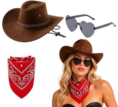 YFHUVB Cowboy Hat Brown, Cowboy Hat and Bandana,Western Style Costume Set with Heart Sunglasses, Perfect for Halloween Parties and Themed Events