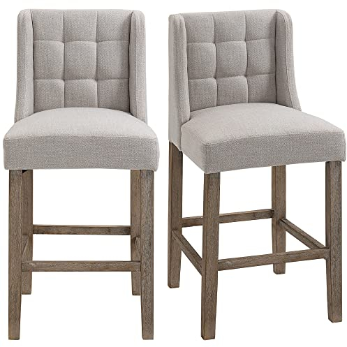 HOMCOM 2er-Set Barhocker moderne Küchenstühle Bistrohocker Barstühle für Küche mit Rückenlehne Tresenhocker Leinen-Touch Gummiholz Beige 47 x 50 x 101 cm