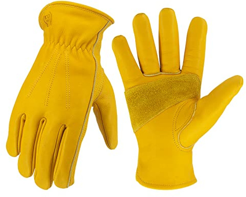 KKOYING Leather Work Gloves for Men & Women, Gardening Gloves, Reinforced Durable Cowhide Work Gloves, Puncture & Cut Resistant (Medium)
