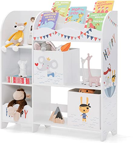 GOPLUS Estantería Infantil para Niños con 5 Estantes de Madera y 2 Cajones de Tela, Armario para Juguetes y Libros, Mueble Infantil para Dormitorio Salón Guardería, 93×29,5×102 CM (Animales)