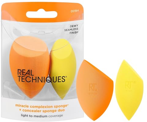 Real Techniques Miracle Complexion Sponge + Concealer Sponge Duo, Makeup Blending Sponges For Foundation & Concealer, Offers Light To Medium Coverage, Natural, Dewy Makeup, Latex-Free Foam 2 Count