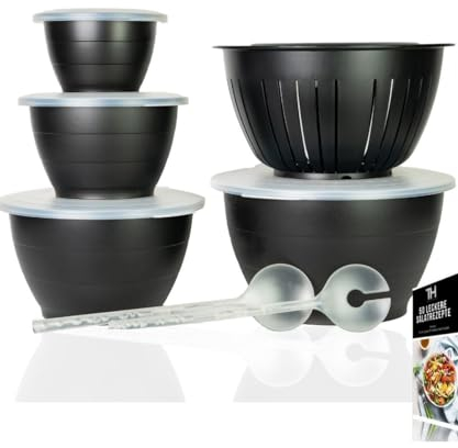 Thiru Juego de 6 cuencos para ensalada con tapa - 6 piezas - 0,6 L, 1,3 L, 2,5 L, 4,4 L - con tapa colador - cubiertos para ensalada - sin BPA