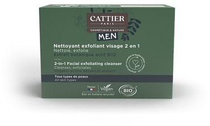 Cattier Men - Nettoyant Exfoliant Visage Homme 2 en 1 Solide Bio - Tous types de peaux - 85g