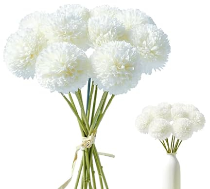 Künstliche Hortensie Blumen 10 Stück Unechte Blumen Seide Chrysantheme kleine Kugel11 Zoll Blumen Braut Hochzeitsblumenstrauß Kunstblume Blumenarrangement für Haus Garten Party Blumenschmuck-Weiß