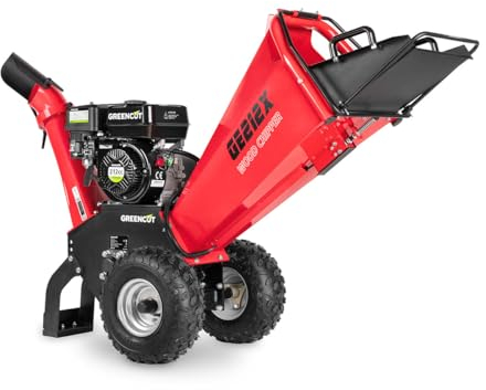 GREENCUT GE212X - Biotrituradora gasolina de 212cc y 5kw, diametro corte 100mm, tolva gran tamaño, ruedas y asa para transporte