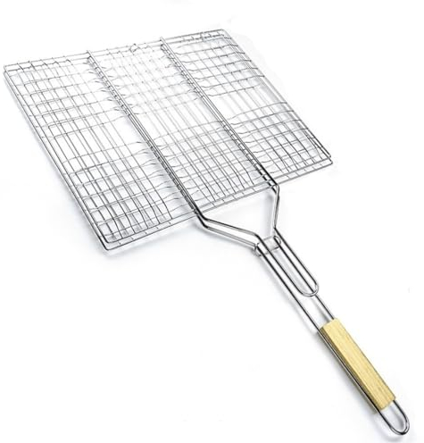 Support pour aliments avec poignée en bois - Panier de barbecue pour légumes de poisson, steak, côtelettes de crevettes - Grille de cuisson en métal - 40,5 x 33 cm - Panier à légumes - Spatule pour