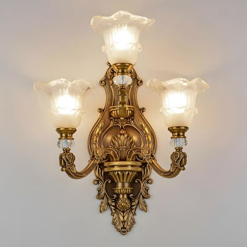 WayLuoung Vintage Blommig Väggmonterad Lampa 3 Huvud Kristallglas Skärm Vägglampa Ljus Retro Gyllene Brons Färg Dekoration Metall Vägglampa, Sängbord Vardagsrum Restaurang(E14 Sockel, Ingen Glödlampa)