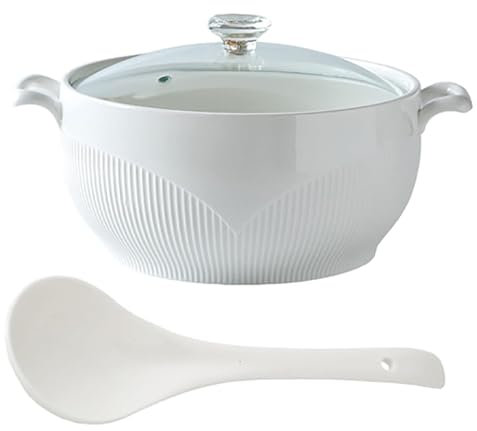Vnook White Ceramic Soup Serving Pot, Large Soup Tureen with Glass Lid and Ladle, Soup Bowl with Diamond Lid Decoration Soup Pot for Restaurant Home(1500ml)