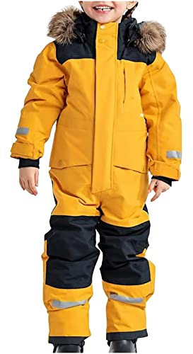 SKAJGL Schneeanzug Kinder Unisex Verdickt Warm Schneeoverall mit Kapuze und Taschen Skioverall Wasserdicht und Winddicht Winteranzug (DE/NL/SE/PL, Alter, 3 Jahre, 4 Jahre, Regular, gelb)