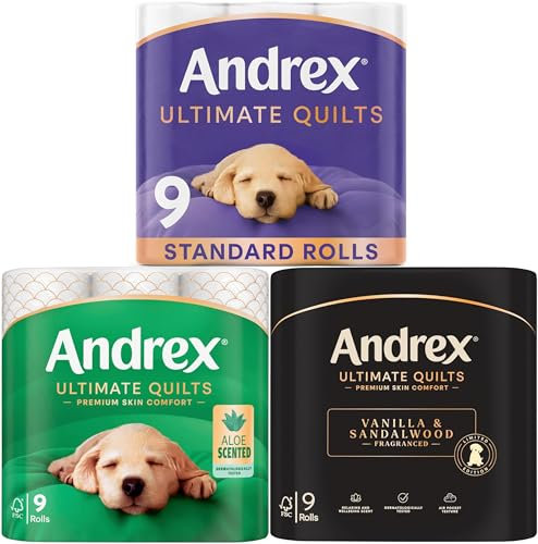Andrex Ultimate Quilts Variety Pack (27 Rolls) - 9 Packs: Standard, Aloe Scented, Vanilla & Sandalwood Scented