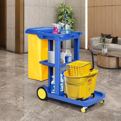 Carro de limpieza con ruedas, carrito de limpieza comercial, 105 x 47 x 95 cm, 3 niveles, carrito de limpieza con gran capacidad, 65 L, bolsa de basura para hotel, escuela, oficina, color azul