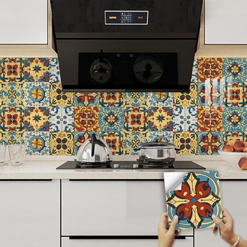 Tile Stickers 20x20 cm Morocco Red Blue Self Adhesive Wall Tiles Waterproof Stick on Tiles Bathroom Kitchen Tile Stickers Stick on Wall Tiles Decor Self Adhesive Tiles 10 Pcs