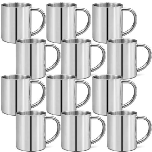 Kaxtde 12 Pack Small Stainless Steel Camping Mugs, 220ml Double Walled Metal Coffee Cups with Handle, Unbreakable & Insulated Cups Bulk Dishwasher Safe for Kids, Group Camping, Family Picnic, Silver