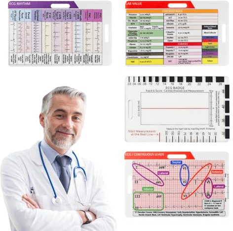 Lot de 4 règles ECG - Règle transparente en 7 étapes, carte double face et carte de poche pour badge, outil de mesure d'analyse rapide ECG pour étudiants