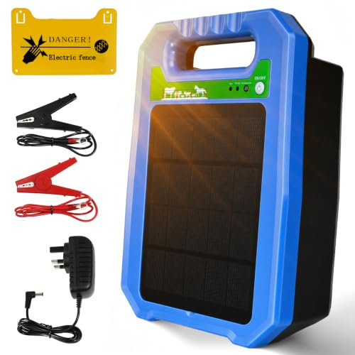 Solar Electric Fence Charger 5 KM, 0.2J Output Energizer with Rechargeable Solar Panel, IP55-rated, All-Day 24/7 Protection for Livestock, Cattle, Horses, Poultry, Predator Deterrent, Farm Use (Blue)