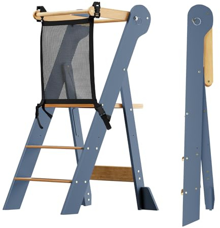 COSYLAND Tour d’Observation Montessori Enfant Pliable – Tour d’Apprentissage Réglable en Hauteur à Partir de 1 an, Kitchen Helper Bébé - Bleu Ardoise et Naturel